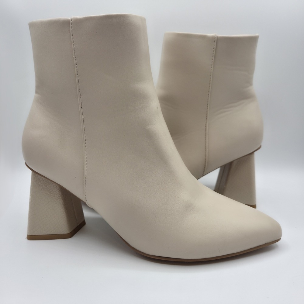 Cream Faux Leather Pointed Toe Ankle Boots Sculptural Snakeskin Block Heel‎ 8
